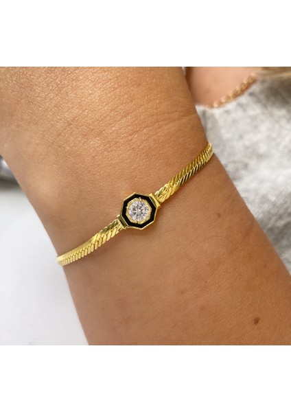 Siyah Mineli Tektaşlı Gümüş Zincir Bileklik