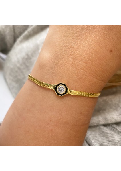 Siyah Mineli Tektaşlı Gümüş Zincir Bileklik modelleri
