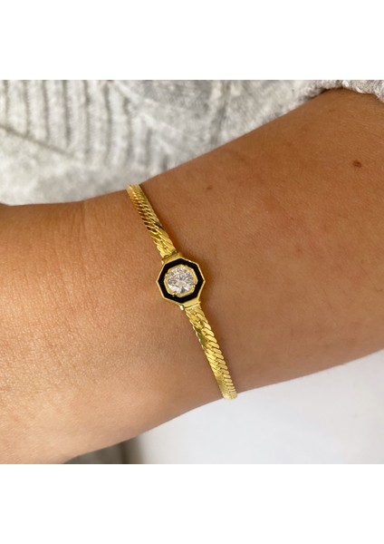 Siyah Mineli Tektaşlı Gümüş Zincir Bileklik indirimleri