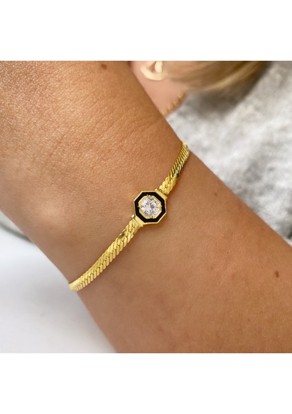 Siyah Mineli Tektaşlı Gümüş Zincir Bileklik