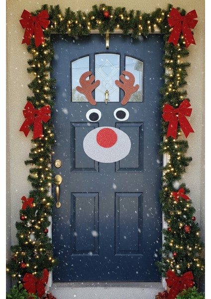 Yılbaşı Simli Eva Geyik Kapı & Duvar Süsü. Renkli ve Parlak, Yapıştırılabilir Boynuzlu Geyik