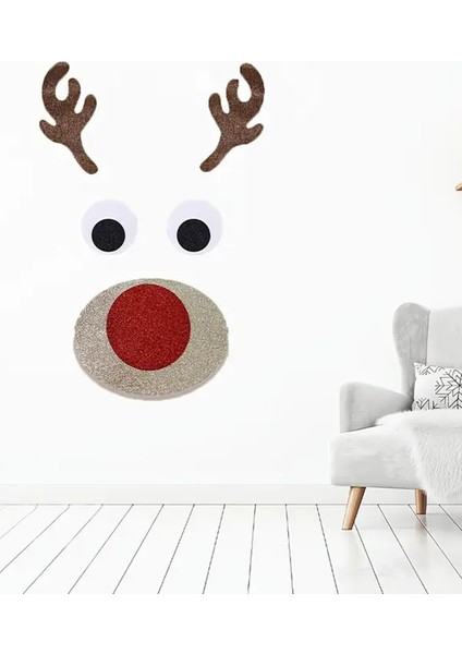 Yılbaşı Simli Eva Geyik Kapı & Duvar Süsü. Renkli ve Parlak, Yapıştırılabilir Boynuzlu Geyik modelleri