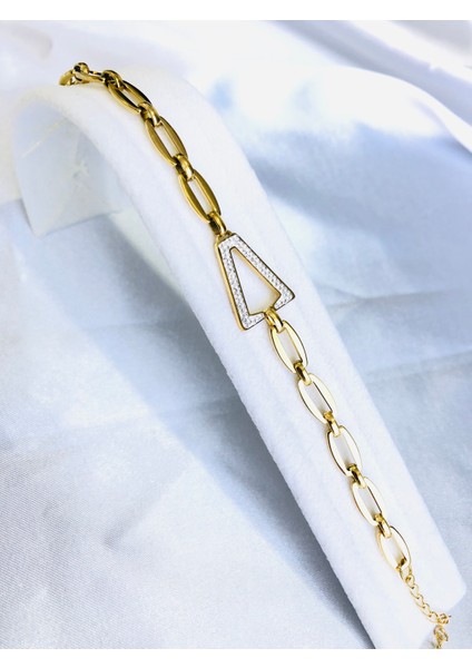 Taşlı Üçgen Çelik Zincir Bileklik