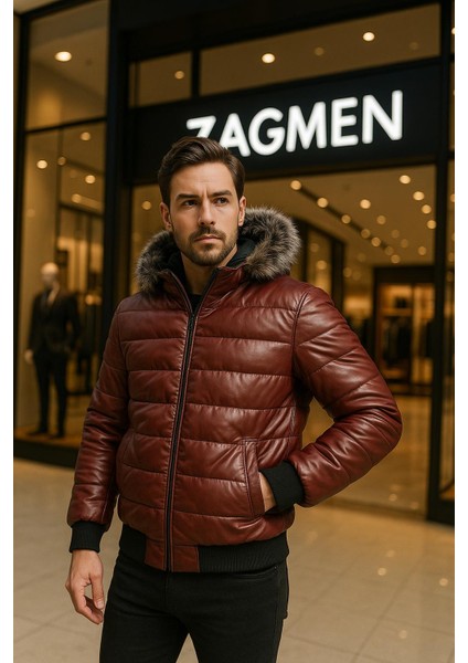 Erkek Kürk Yaka Şişme Suni Deri Mont