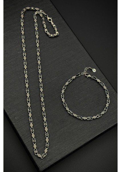 925 Ayar Gümüş Italyan Model Siyah Zirkon Taşlı Gümüş Renk Erkek Bileklik/kolye Set FRJ12328-3328-SA