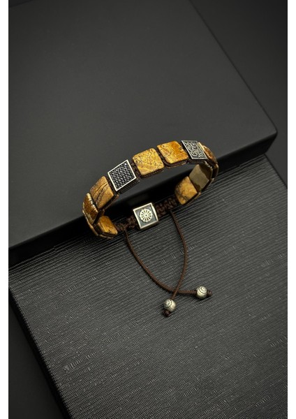 925 Ayar Gümüş ve Jasper Doğal Taşlı Zirkon Parçalı Kahverengi Renk Erkek Bileklik FRJ12333-3333-K2