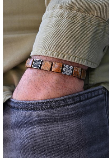 925 Ayar Gümüş ve Jasper Doğal Taşlı Zirkon Parçalı Kahverengi Renk Erkek Bileklik FRJ12333-3333-K2 fiyatları