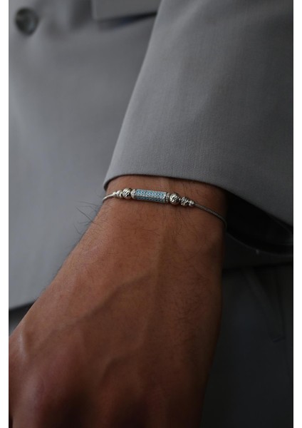 925 Ayar Gümüş Italyan Model Turkuaz Zirkon Taşlı Gümüş Renk Erkek Bileklik FRJ12356-3356-M