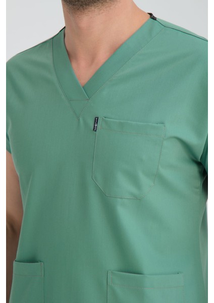 Üniforma V Yaka Çağla Yeşil Unisex Likralı Ütü Istemeyen Doktor Hastane Scrubs Takım