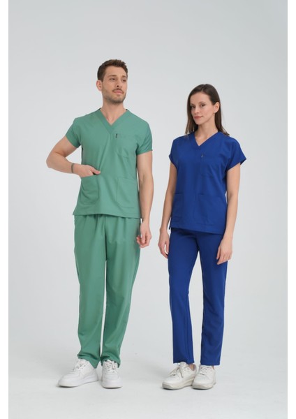 Üniforma V Yaka Çağla Yeşil Unisex Likralı Ütü Istemeyen Doktor Hastane Scrubs Takım modelleri