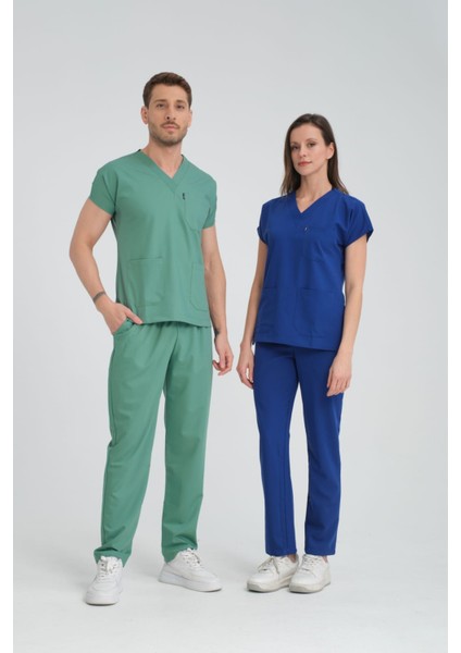 Üniforma V Yaka Çağla Yeşil Unisex Likralı Ütü Istemeyen Doktor Hastane Scrubs Takım