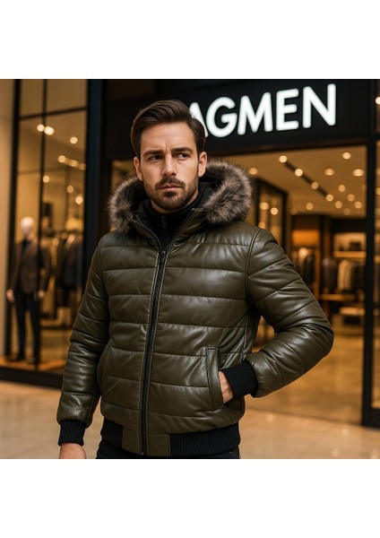 Erkek Kürk Yaka Şişme Suni Deri Mont