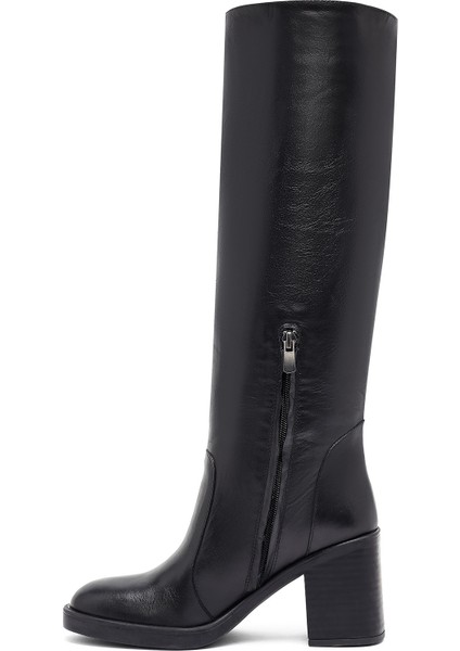 Kadın Siyah Fermuarlı Kalın Topuklu Deri Çizme 25WFD203118 fırsatları