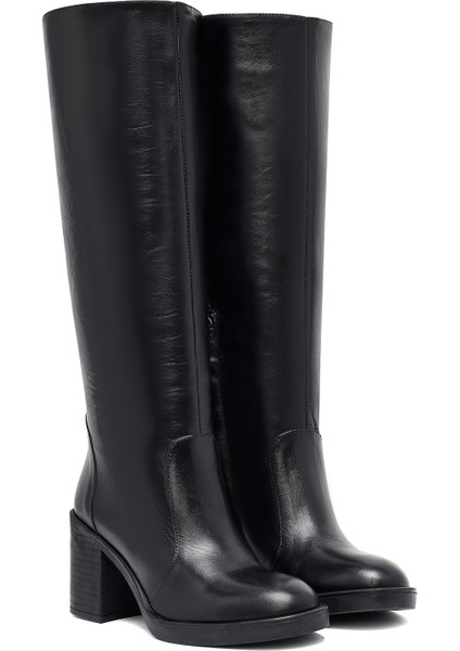 Kadın Siyah Fermuarlı Kalın Topuklu Deri Çizme 25WFD203118 indirimleri