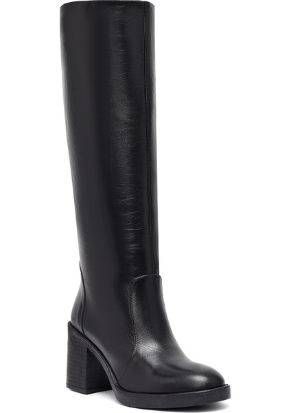 Kadın Siyah Fermuarlı Kalın Topuklu Deri Çizme 25WFD203118