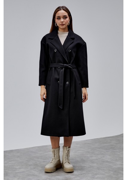 Siyah Kruvaze Kapama Belden Bağlamalı Geniş Kalıp Kaşe Kaban fiyatları