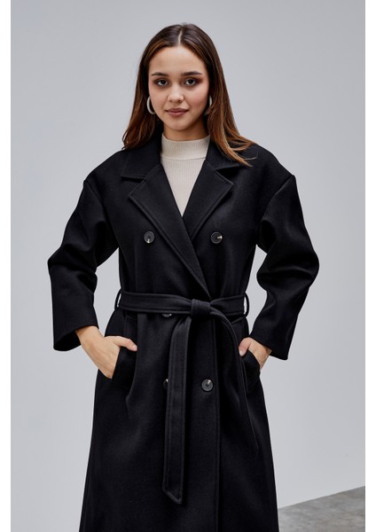 Siyah Kruvaze Kapama Belden Bağlamalı Geniş Kalıp Kaşe Kaban fırsatları