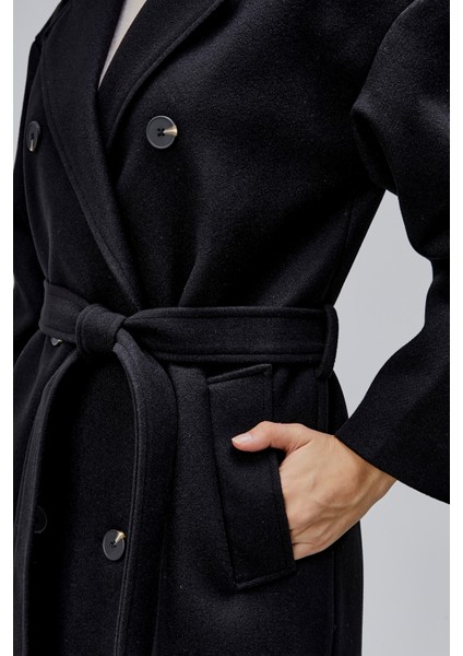 Siyah Kruvaze Kapama Belden Bağlamalı Geniş Kalıp Kaşe Kaban indirimleri