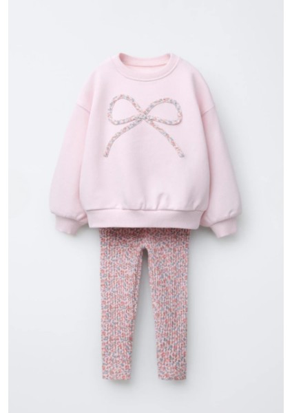 Kız Çocuk Fiyonk Detaylı Çiçek Desenli Tayt 3 Iplik Takım Şardonsuz 2-6 Yaş 12321