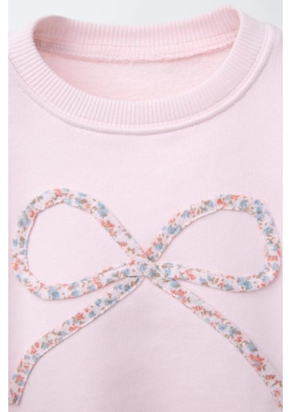 Kız Çocuk Fiyonk Detaylı Çiçek Desenli Tayt 3 Iplik Takım Şardonsuz 2-6 Yaş 12321 modelleri