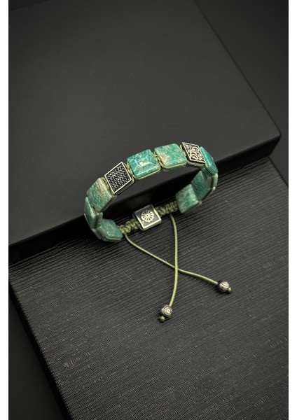 925 Ayar Gümüş ve Yeşim Doğal Taşlı Zirkon Parçalı Mavi Renk Erkek Bileklik FRJ12333-3333-M3