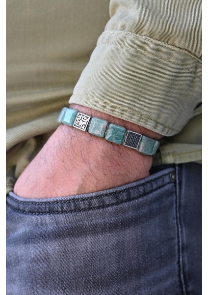 925 Ayar Gümüş ve Yeşim Doğal Taşlı Zirkon Parçalı Mavi Renk Erkek Bileklik FRJ12333-3333-M3 fiyatları