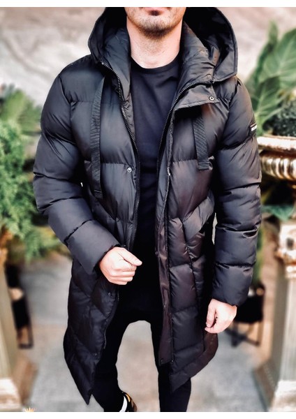 Erkek Uzun Şişme Mont Siyah
