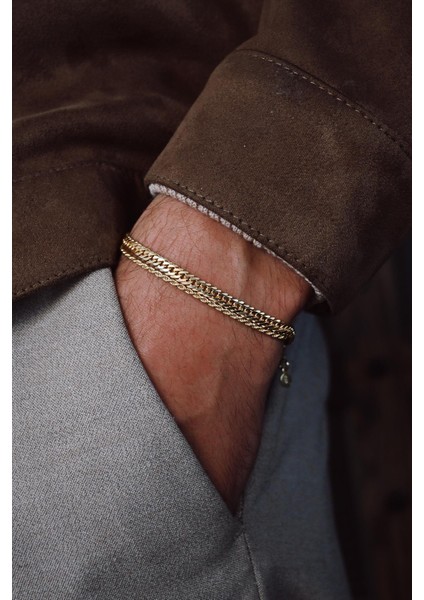 925 Ayar Gümüş Italyan Model Altın Renk Erkek Bileklik Set FRJ12357-3357-G