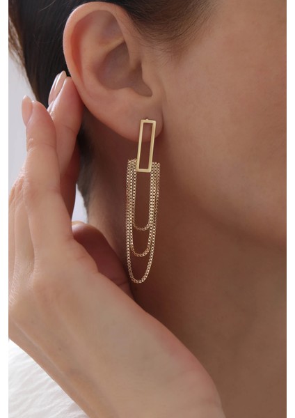 Zincirli Dikdörtgen Tasarım Altın Çelik Kadın Küpe