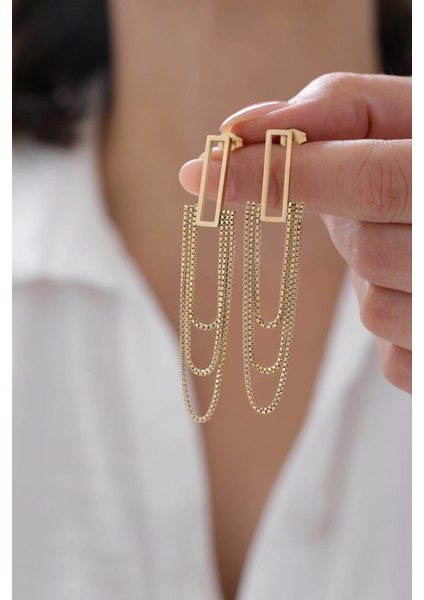 Zincirli Dikdörtgen Tasarım Altın Çelik Kadın Küpe fiyatları