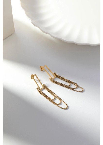 Zincirli Dikdörtgen Tasarım Altın Çelik Kadın Küpe modelleri