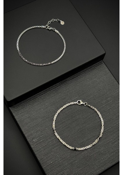 925 Ayar Gümüş Italyan Model Siyah Zirkon Taşlı Gümüş Renk Erkek Bileklik Set FRJ12359-3359-S fiyatları