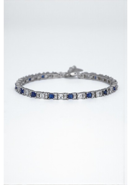 925 Ayar Gümüş 3mm Lacivert-Beyaz Zirkon Taşlı Erkek Bileklik FRJ12344-3344-LA