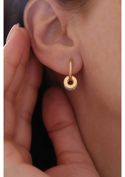 Parlak Taş Detaylı Altın Renk Paslanmaz Çelik Kadın Küpe