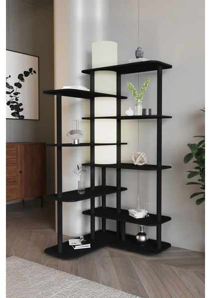 Cross Dekoratif Raflı Kitaplık Lambader Siyah