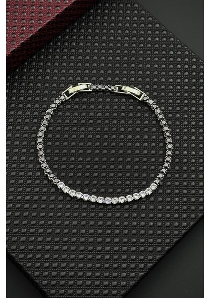 Siyah-Beyaz Zirkon Taşlı Gümüş Renk Tennis Erkek Bileklik FRJ12675-3675-B2A