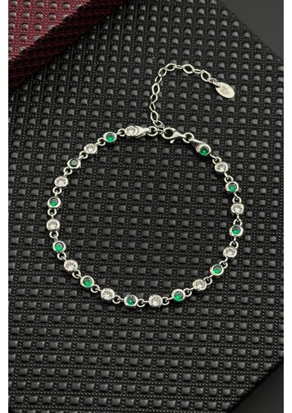925 Ayar Gümüş Yeşil-Beyaz Zirkon Taşlı Gümüş Renk Erkek Bileklik FRJ12720-3720-YA
