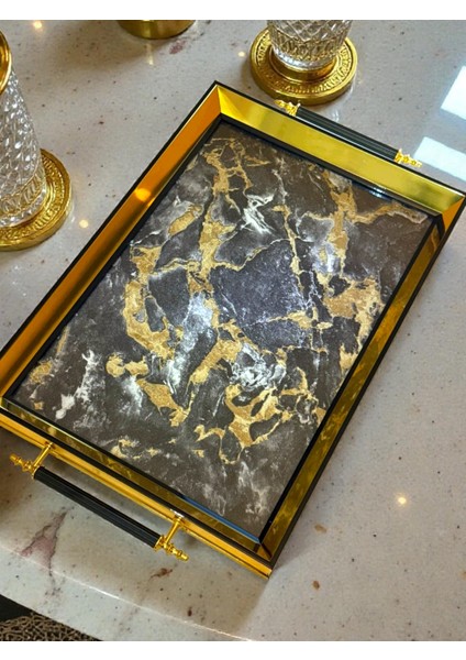 Premium Kalite Orjinal Iç Kabartmalı Cam Modern Çay Kahve Tepsisi