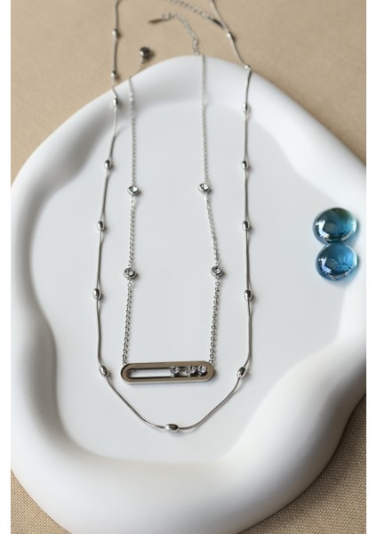 Kombin Silver Çelik Zirkon Taşlı ve Dorica Top Zincir Kolye