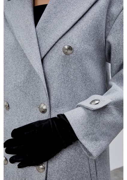 Gri Kruvaze Yaka Düğme Detaylı Kaşe Kaban