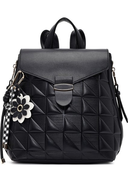 Kadın Siyah Baskılı Aksesuarlı Sırt Çantası 25ABD285026