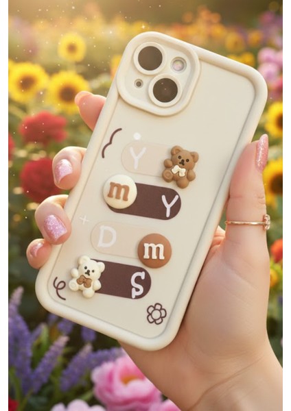 Iphone 15 Uyumlu Kılıf Beyaz Renk Ayıcık Figürlü 3D Kamera Korumalı Darbe Emici Yumuşak Silikon Kapak