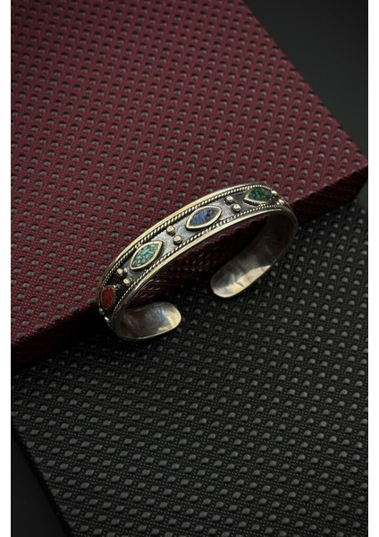 925 Ayar Gümüş Mix Doğal Taşlı Gümüş Renk Erkek Kelepçe Bileklik FRJ12560-3560-CK