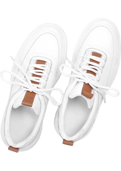 Erkek Beyaz Bağcıklı Kalın Tabanlı Deri Sneaker