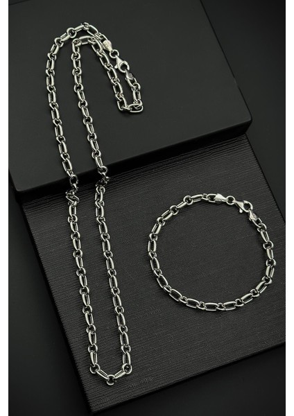 925 Ayar Gümüş Italyan Model Gümüş Renk Erkek Bileklik/kolye Set FRJ12420-3420-A