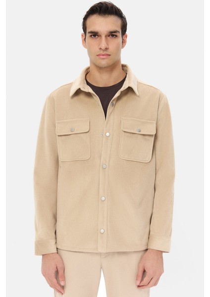Ds Damat Regular Fit Bej Düz Kadife Görünümlü Gömlek Mont