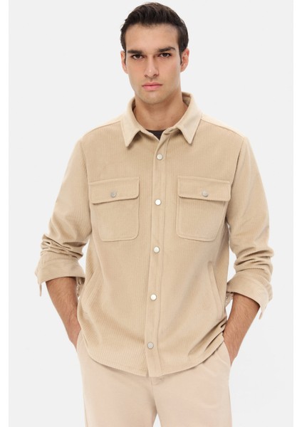 Ds Damat Regular Fit Bej Düz Kadife Görünümlü Gömlek Mont
