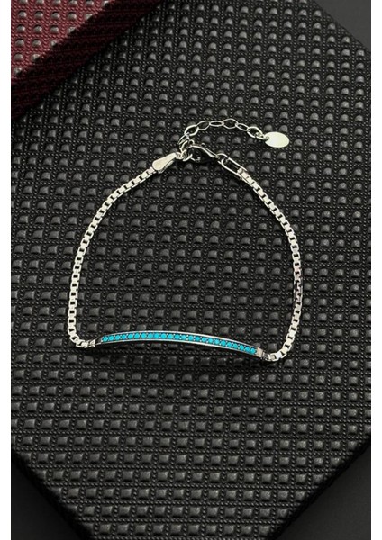 925 Ayar Gümüş Turkuaz Zirkon Taşlı Gümüş Renk Erkek Bileklik FRJ12652-3652-M