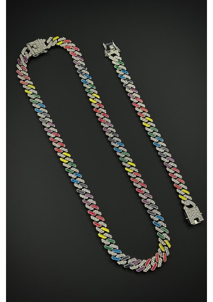 Bronz Madenli Çok Renkli Zirkon Taşlı Gümüş Renk Tennis Erkek Bileklik/kolye Set FRJ12587-3587-CK