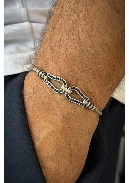 925 Ayar Gümüş Italyan Model Siyah Zirkon Taşlı Erkek Bileklik FRJ12614-3614-S fırsatları